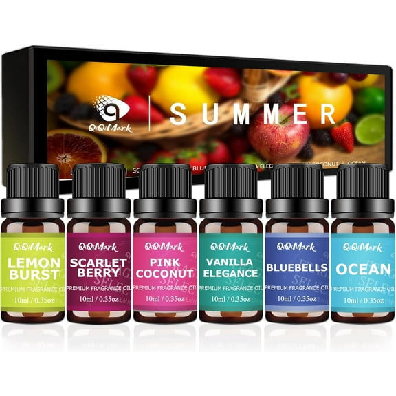 Summer Fragrance Oils for Diffusers, 6pcs Diffuser Oils Set, 10ml Lemon Burst, Scarlet Berry, Bluebells, Vanilla Elegance, Pink Coconut, Ocean for Waterless Diffuser, Car Air Freshener, Humidifiers
