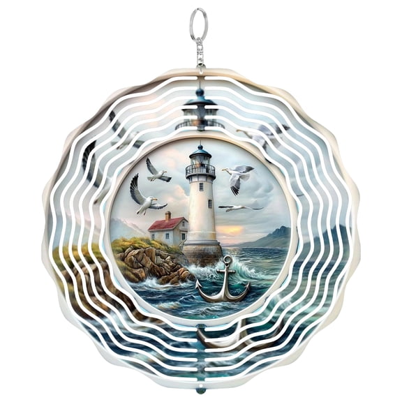 Summer Fresh Coastal Lighthouse 3D Wind Spinner Stainless Steel Kinetic Art Beach House Bedroom Decor Gift 10 Inch