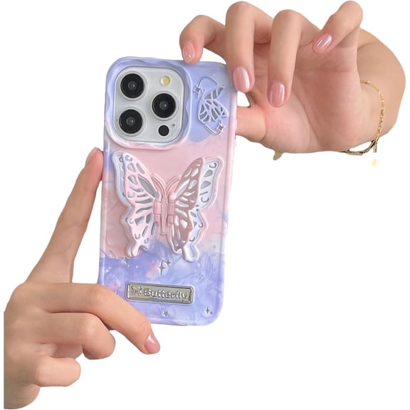 Summer Fresh Macaron Butterfly Phone Case, Hidden Stand, Butterfly Stand, Small Fresh Design, Anti-fall and Anti-friction, for iPhone 15 14 13 12 11 Pro Max Phone Case (P2,iPhone 15 Pro)