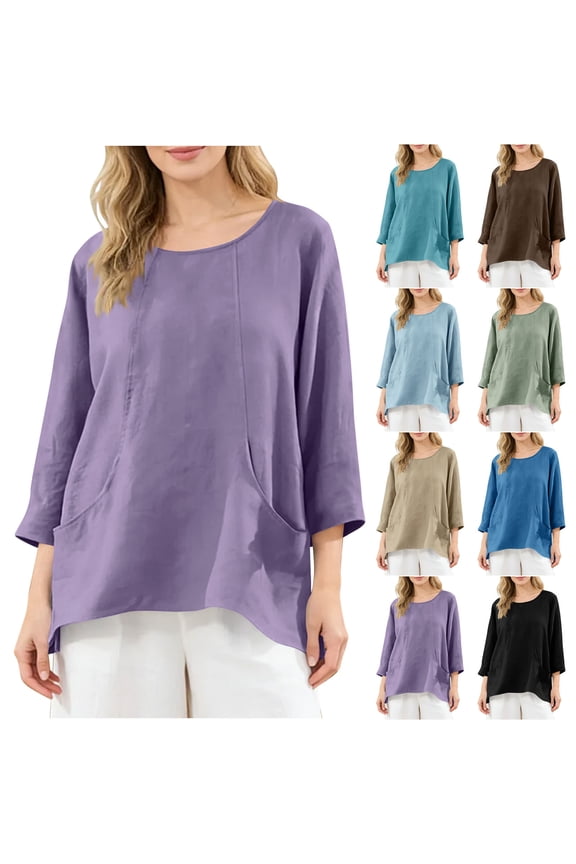 Summer Fridays GaThRRgYP Summer 3/4 Sleeve Tops for Women,Women's summer round neck solid color linen long sleeved cardigan Purple L