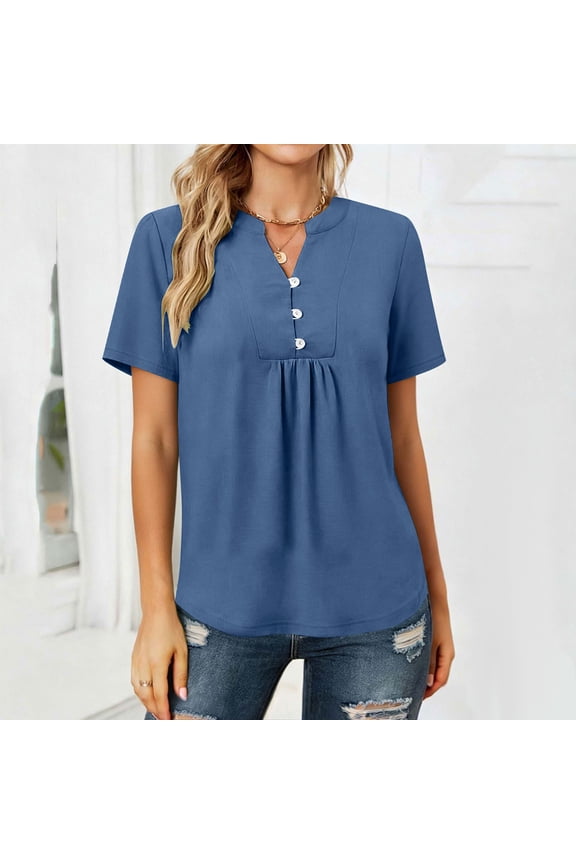 Summer Fridays GaThRRgYP Womens Tops Summer Blouses V Neck,Women's Solid Color Casual Button V-Neck Short Sleeve Loose T-Shirt Tops Blue XXL