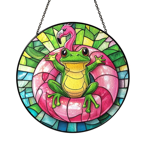 Summer Frog Flamingo Pool Float Stained Glass Style Window Suncatcher Decor, Tropical Decorative Acrylic Hanging Panel Ornament for Poolside Window Art and Home Decoration