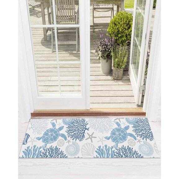 Summer Front Door Mat Navy Blue Grey Coastal Ocean Sea Turtle Coral Seashell Welcome Doormat Indoor Outdoor Entrance Floor Mat Non-Slip Washable Runner Rug for Front Porch Decor 16x47 Inch