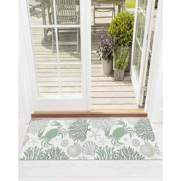 Summer Front Door Mat Sage Green Crab Coral Seashell Nautical Coastal Ocean Welcome Doormat Indoor Outdoor Entrance Floor Mat Non-Slip Washable Runner Rug for Front Porch Decor 18x60 Inch