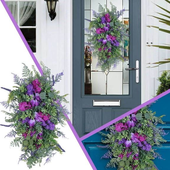 Spring Tulip Wreath for Front Door,Spring Teardrop Swag,Artificial Lavender Tulip Flowers Swag with Green Leaves,Artificial Floral Swag Wreath for Window Wall Decor,Purple Flower Wreath On Clearance