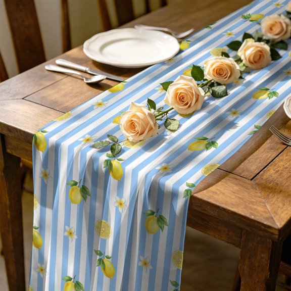 Summer Fruit 10 ft Cheesecloth Table Runner for Wedding 27"x120", Watercolor Yellow Lemon Rustic Flower Plate Blue Stripes Kitchen Dinner Sheer Tulle Chiffon Dresser Scarf, Holiday Party Decorations