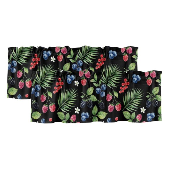 Summer Fruit 2 Panels Kitchen Valance, Blueberry White Flowers Red Raspberry Green Leaf Black Curtains Valances for Small Windows Rod Pocket Window Treatments for Living Room Bedroom 42"W x 12"L