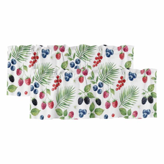 Summer Fruit 2 Panels Kitchen Valance, Blueberry White Flowers Red Raspberry Green Leaf Curtains Valances for Small Windows Rod Pocket Window Treatments for Living Room Bedroom 42"W x 12"L