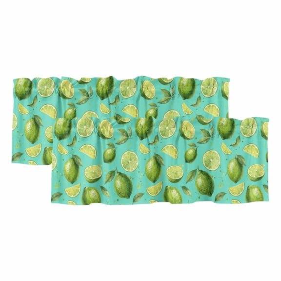 Summer Fruit 2 Panels Kitchen Valance, Watercolor Green Lemon Lime Slice Leaf Rustic Teal Curtains Valances for Small Windows Rod Pocket Window Treatments for Living Room Bedroom 60"W x 18"L