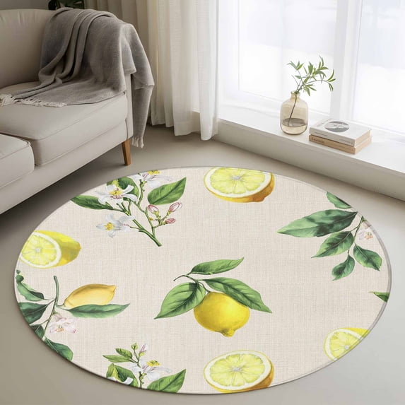 Summer Fruit 3FT Round Area Rugs Watercolor Yellow Lemon Rustic Farmhouse Leaves Soft Small Round Rug Non-Slip, Ultra-Thin Indoor Circle Carpet for Bedroom Entryway Kitchen Bathroom