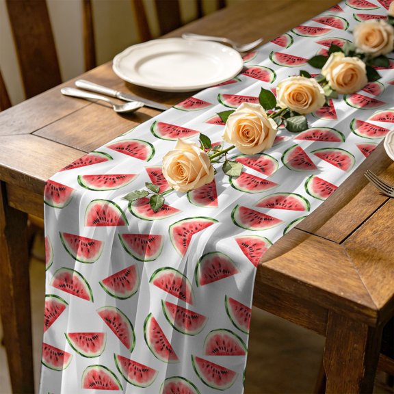 Summer Fruit 4.5 ft Cheesecloth Table Runner for Wedding 19"x55", Red Watermelon Simple White Background Kitchen Dinner Sheer Tulle Chiffon Dresser Scarf, Holiday Party Decorations