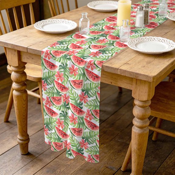 Summer Fruit 4.5ft Cheesecloth Table Runner for Dining 19"x55", Watermelon Flowers Leaves White Background Kitchen Dinner Sheer Tulle Chiffon Dresser Scarf, Holiday Party Decorations