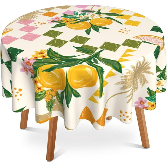 Summer Fruit 60 Inch Round Tablecloth,Lemon Oranges Flower Table Cloth Waterproof Stain and Wrinkle Resistant Circle Table Cover for Kitchen Dining Picnic Camping Indoor Outdoor Decor
