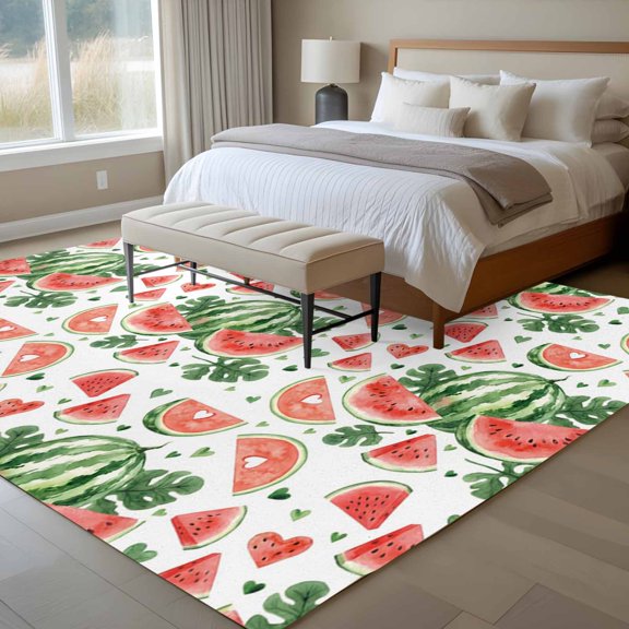 Summer Fruit 6x9 Rug for Dining Room Table and Chair Setup, Watercolor Watermelon Slice Green Leaf Farmhouse Low Pile Washable Non Slip Rectangle Area Rug