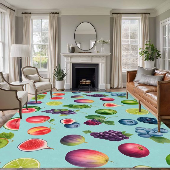Summer Fruit 8'x10' Large Area Rug for Living Room Sectional Sofa, Watercolor Lemon Slice Blueberry Rustic Watermelon Washable Non Slip Low Pile Rectangle Area Rug