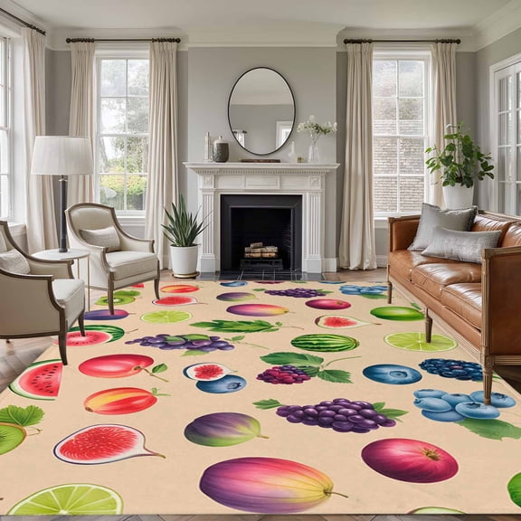 Summer Fruit 8'x10' Large Area Rug for Living Room Sectional Sofa, Watercolor Lemon Slice Blueberry Rustic Watermelons Washable Non Slip Low Pile Rectangle Area Rug