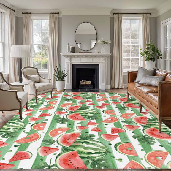 Summer Fruit 8'x10' Large Area Rug for Living Room Sectional Sofa, Watercolor Watermelon Slice Green Stripes Farmhouse Washable Non Slip Low Pile Rectangle Area Rug