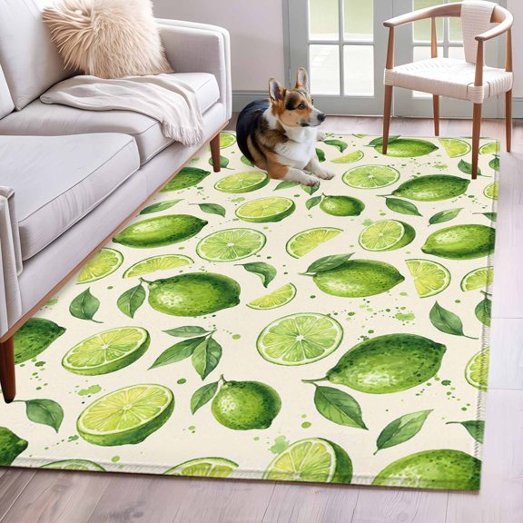 Summer Fruit Area Rugs 4x6 ft Watercolor Green Lemon Lime Slice Leaf Rustic Washable Rug Non Slip Indoor Carpet Absorbent Floor Mat for Living Room Bedroom Dining Room