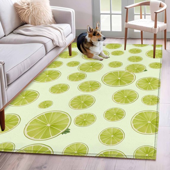 Summer Fruit Area Rugs 4x6 ft Watercolor Green Lemon Slice Beige Background Washable Rug Non Slip Indoor Carpet Absorbent Floor Mat for Living Room Bedroom Dining Room