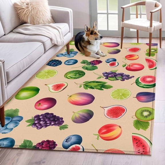 Summer Fruit Area Rugs 4x6 ft Watercolor Lemon Slice Blueberry Rustic Watermelons Washable Rug Non Slip Indoor Carpet Absorbent Floor Mat for Living Room Bedroom Dining Room
