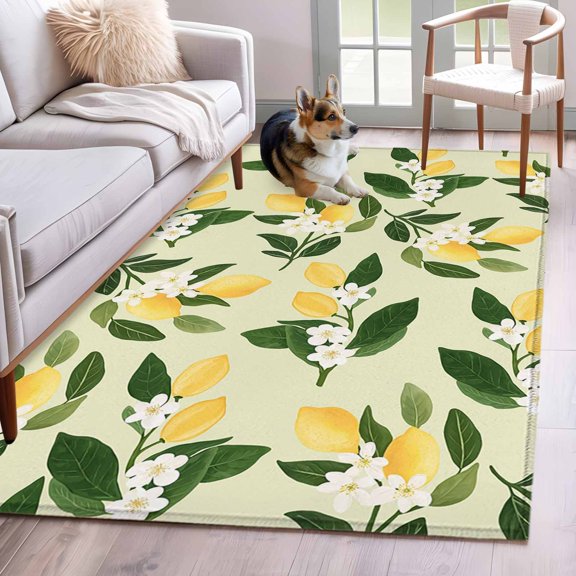 Summer Fruit Area Rugs 4x6 ft Watercolor Yellow Lemon Elegant Rustic Flower Leaf Washable Rug Non Slip Indoor Carpet Absorbent Floor Mat for Living Room Bedroom Dining Room