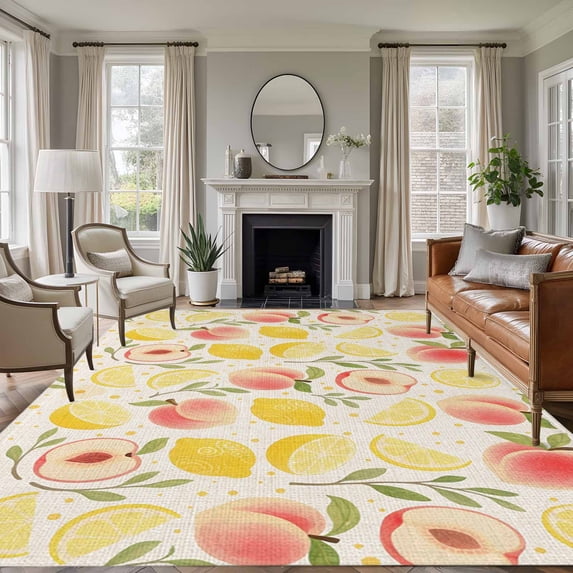 Summer Fruit Area Rugs 8'x10', Washable Small Throw Rugs for Living Room Patio, Spring Botanical Lemon Peach Rustic Indoor Outdoor Rug Non-Slip Low Pile Carpet Runner Reversible Floor Mats
