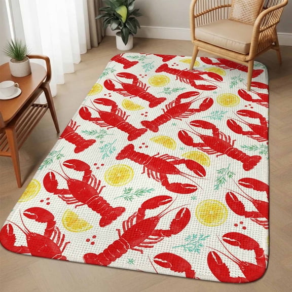 Summer Fruit Area Rugs for Living Room 5x6, Red Lobsters Watercolor Lemon Slices Green Leaves Washable Area Rug with Non Slip Backing, Stain Resist Linen Carpet for Bedroom, Dining Room, Entrance