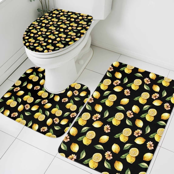 Summer Fruit Bathroom Rugs Set Lemon Watercolor Flower Leaf Black Background Non Slip Absorbent Soft Bath Mats 3 Piece Set with Bathroom Rug, U-Shaped Floor Mat, Toilet Seat Cover Small Size
