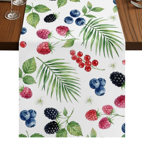 Summer Fruit Burlap Cotton Table Runner 13x36 Inches Short, Spring Botanical Blueberry Raspberry Leaves Farmhouse Table Runners, Outdoor Dining Table Decor for Baby Shower/Party/Wedding