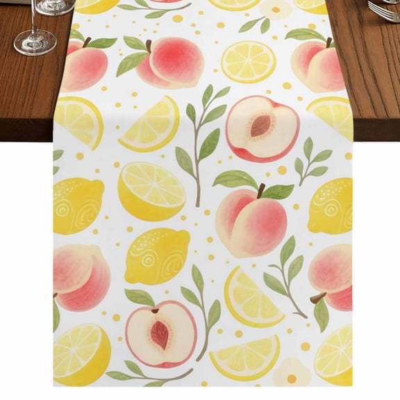Summer Fruit Burlap Cotton Table Runner 13x72 Inches Long, Spring Botanical Lemon Peach Farmhouse Table Runners, Outdoor Dining Tablecloths Decor for Baby Shower/Party/Wedding