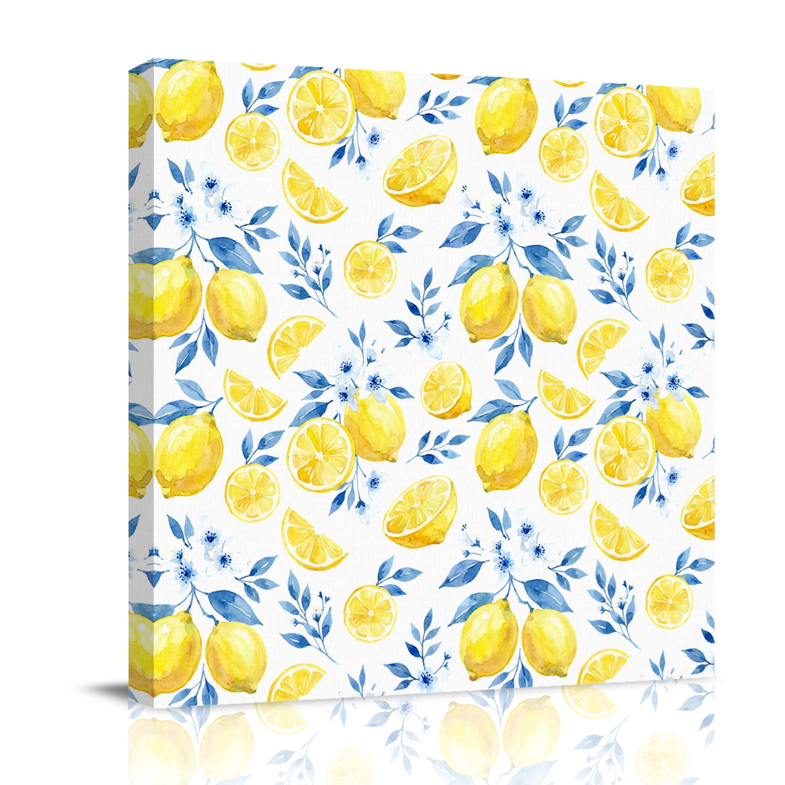 Summer Fruit Canvas Wall Art for Living Room, Watercolor Lemon Cute Frangipani Blue Leaf Farmhouse Poster Print Painting for Bedroom Office Home Decoration Wall Pictures Prepare To Hang 16"x16"