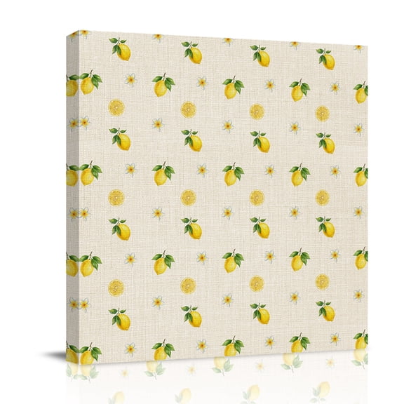 Summer Fruit Canvas Wall Art for Living Room, Watercolor Yellow Lemon Rustic Flower Plate Linen Texture Poster Print Painting for Bedroom Office Home Decoration Wall Pictures Prepare To Hang 8"x8"