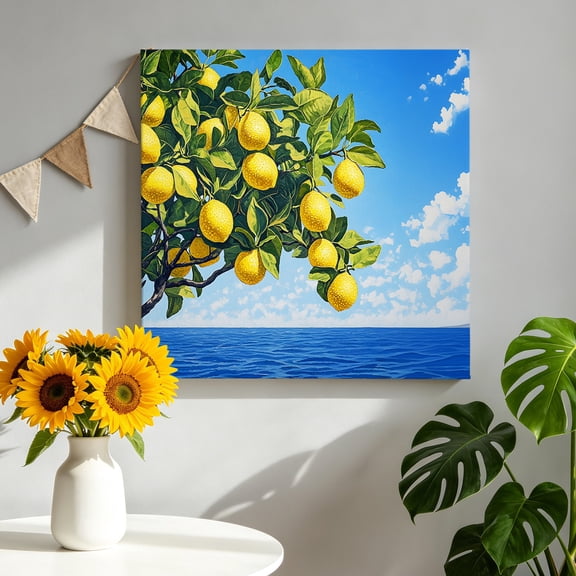 Summer Fruit Canvas Wall Art, Yellow Lemon Green Leaf Blue Sky Ocean Pictures Wall Decor Wooden Framed Artwork Art Prints for Living Room Hallway Bedroom Office 8"x8"