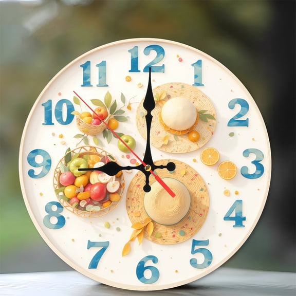 Summer Fruit Clock Wall Decor Straw Hats Apples Oranges 10-Inch Silent Wooden Wall Clock, Battery Operated (AA Batteries Not Included), Artistic Home Decor