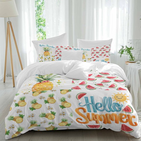 Summer Fruit Comforter Set Queen Size, Pineapple Watermelon Watercolor Flower Fruit Soft Bedding Set for Man Woman, 4 Pieces Duvet Cover Set with Fitted Sheet, 2 Pillowcases