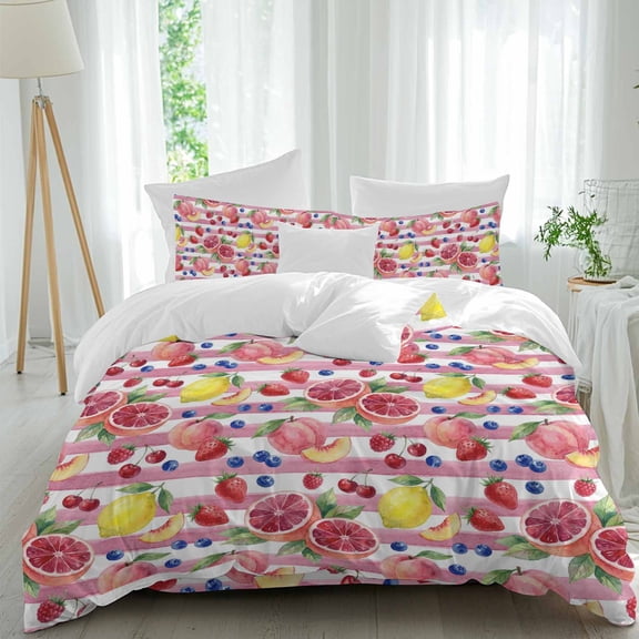 Summer Fruit Comforter Set Queen Size, Watercolor Peach Lemon Stripes Farmhouse Soft Bedding Set for Man Woman, 4 Pieces Duvet Cover Set with Fitted Sheet, 2 Pillowcases