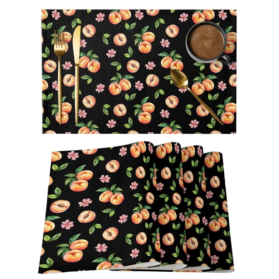 Summer Fruit Cotton Linen Placemats Set of 1, Peaches Pink Flower Black Background Washable Table Place Mats Heat Insulating Placemat for Dining Room Kitchen Daily Use 13 x 19 Inch