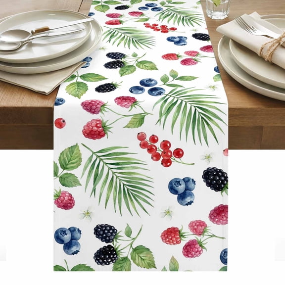 Summer Fruit Cotton Linen Table Runner Blueberry White Flowers Red Raspberry Green Leaf Dining Table Runners for Home Decor Party Dining Room Restaurant Kitchen Party 13" x 36"