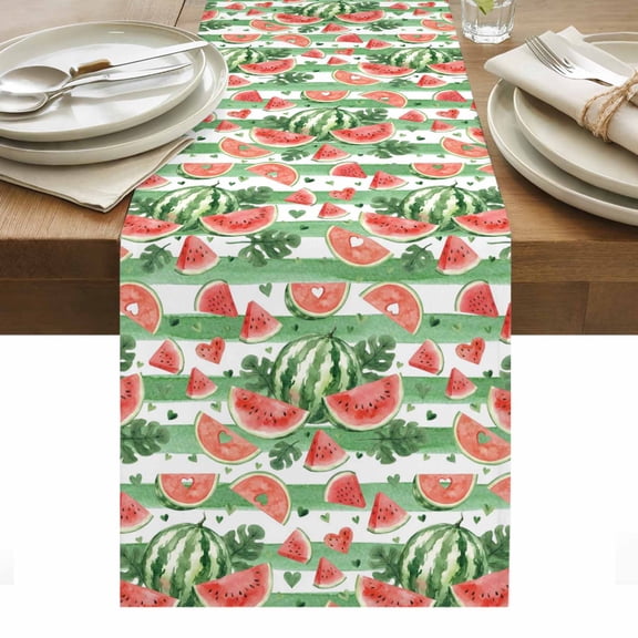 Summer Fruit Cotton Linen Table Runner Watercolor Watermelon Slice Green Stripes Farmhouse Dining Table Runners for Home Decor Party Dining Room Restaurant Kitchen Party 13" x 36"