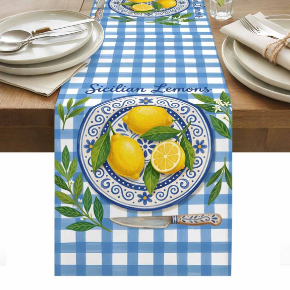 Summer Fruit Cotton Linen Table Runner Watercolor Yellow Lemon Rustic Flower Plate Blue Plaid Dining Table Runners for Home Decor Party Dining Room Restaurant Kitchen Party 13" x 60"