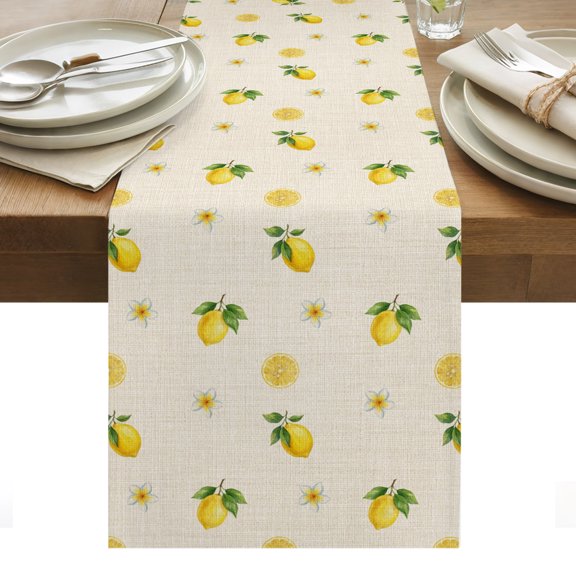 Summer Fruit Cotton Linen Table Runner Watercolor Yellow Lemon Rustic Flower Plate Linen Texture Dining Table Runners for Home Decor Party Dining Room Restaurant Kitchen Party 13" x 36"