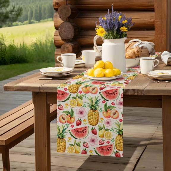 Summer Fruit Cute Watermelon Table Runner 13x48in Non-Slip Cotton Linen Table Runners, Farm Pineapple Floral Dresser Scarves TableRunner for Dinner Kitchen Dining Wedding Party