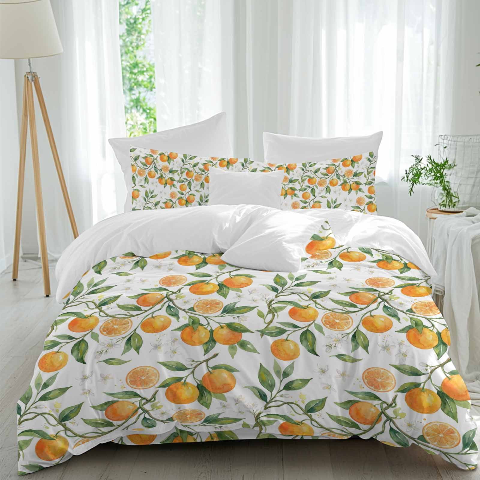 Summer Fruit Duvet Cover Set California King Size, Watercolor Orange Flower Farmhouse Country 4 Piece Bedding Set with Zipper Closure & Corner Ties Soft Breathable Comforter Cover for Bedroom