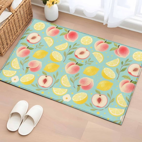 Summer Fruit Entryway Rug 2'x3' Non Slip Front Door Mats, Spring Botanical Lemon Peach Green Entrance Rugs Indoor Outdoor Carpet, Washable Floor Mats Small Area Rug for Bedroom Kitchen
