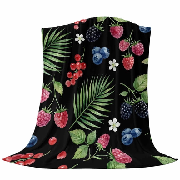 Summer Fruit Fleece Throw Blanket Lightweight Blueberry White Flowers Red Raspberry Green Leaf Black Fuzzy Flannel Throws Super Soft Cozy Flannel Blanket for Couch, Sofa, Bed, Travel 30"x40"