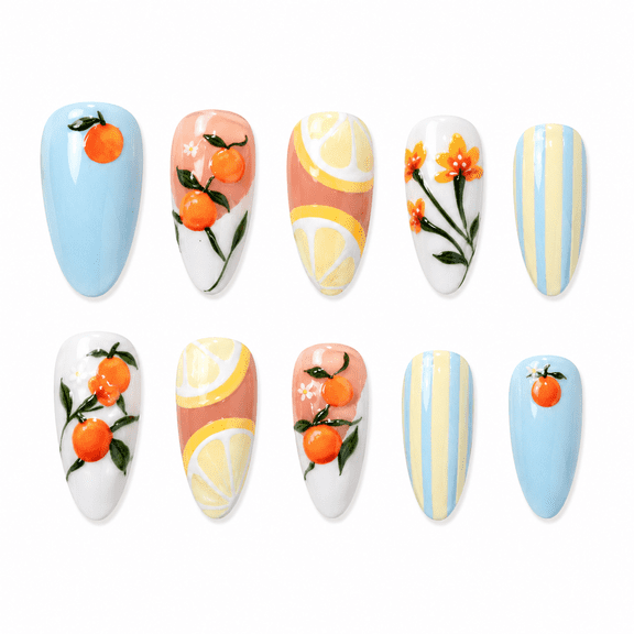 Summer Fruit Floral Press on Nails, Medium Almond Glossy Fake Nails with Striped Accent, 30 Count