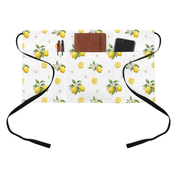 Summer Fruit Half Waist Apron Watercolor Yellow Lemon Rustic Flowers Farmhouse Short Waiter Aprons with 3 Pockets for Women Men Kitchen Restaurant Cooking