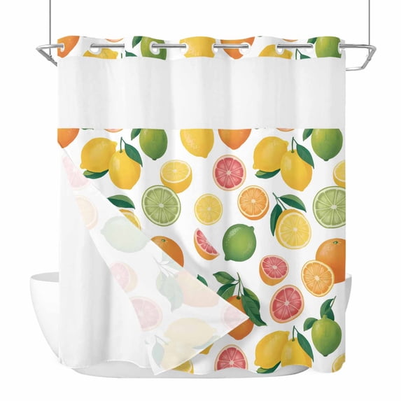 Summer Fruit No Hook Shower Curtain with Snap in Liner Watercolor Lemon Oranges Rustic Farmhouse Waterproof Bathroom Shower Curtain with See Through Top Window for Bathtub 72" x 72"