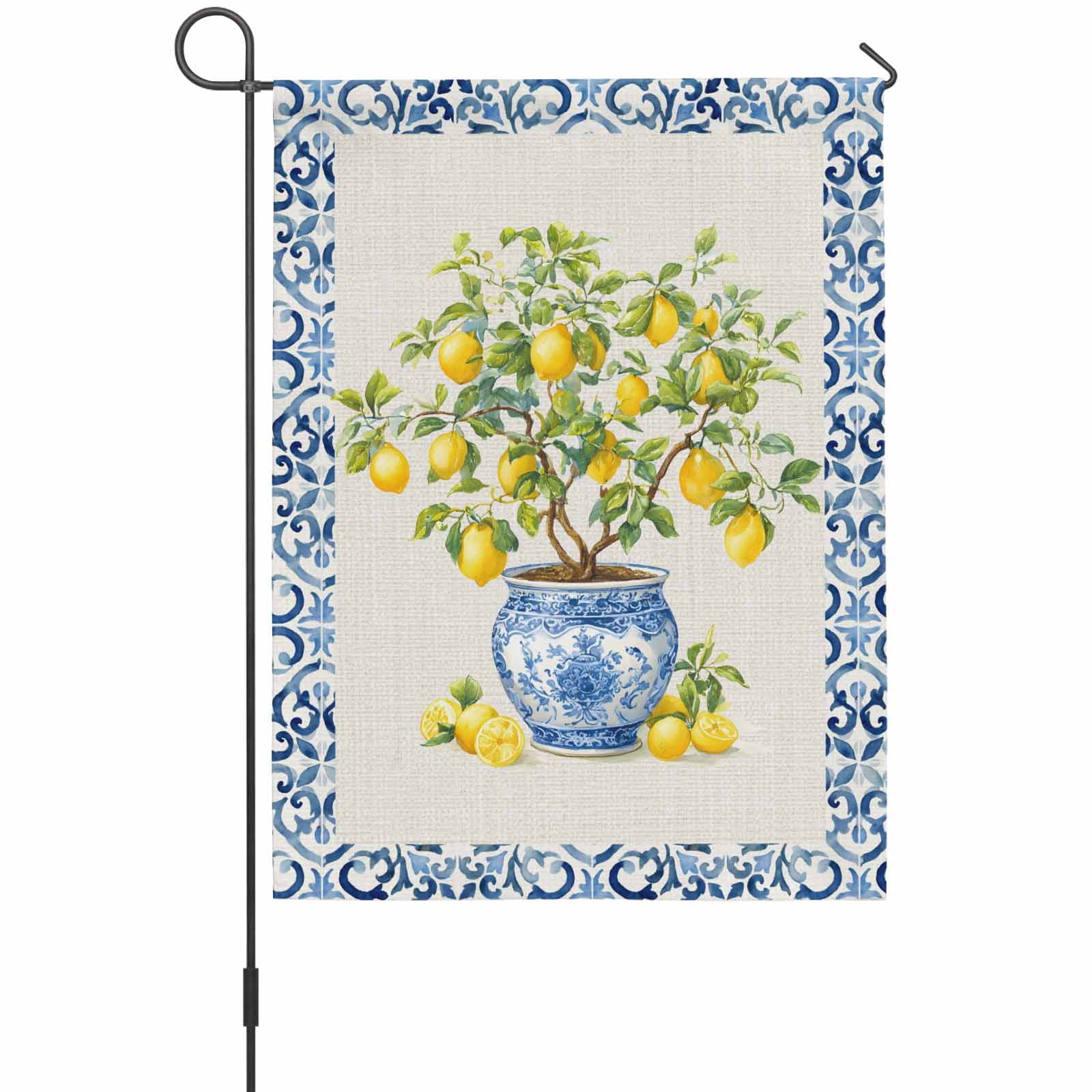 Summer Fruit House Flags For Outdoor, Watercolor Yellow Lemon Porcelain Potted Plant Small Double Side Yard Flags Weather Proof House Decor for Lawn Outside Holiday 28 x 40 Inches
