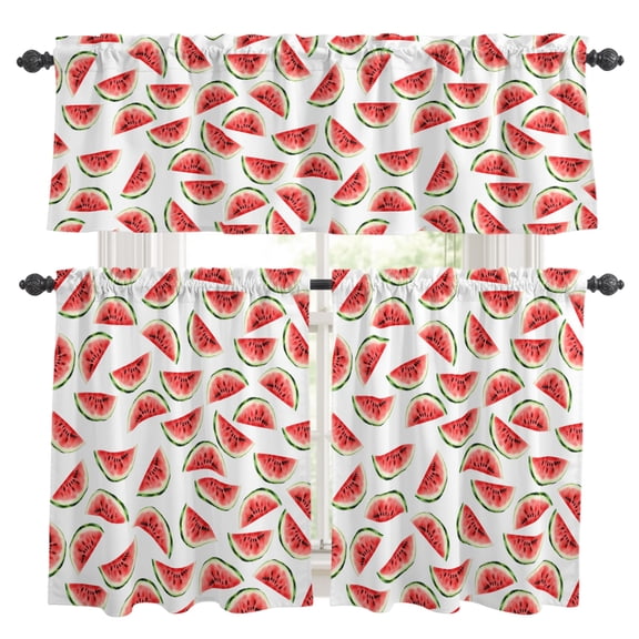 Summer Fruit Kitchen Curtains Set for Windows, Red Watermelon Simple White Background Curtains Valance and Tier 3 Piece Set Small Drapes 36 Inch Length for Kitchen Bedroom Decor